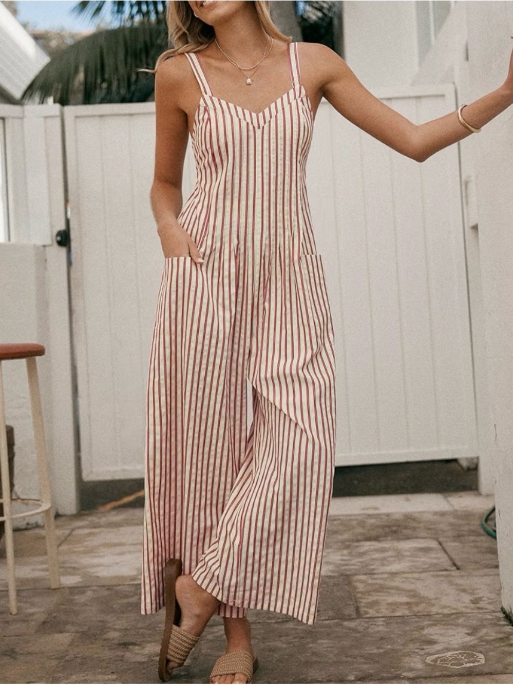 Cupshe Red & White Striped Spaghetti-Strap Wide-Leg Jumpsuit